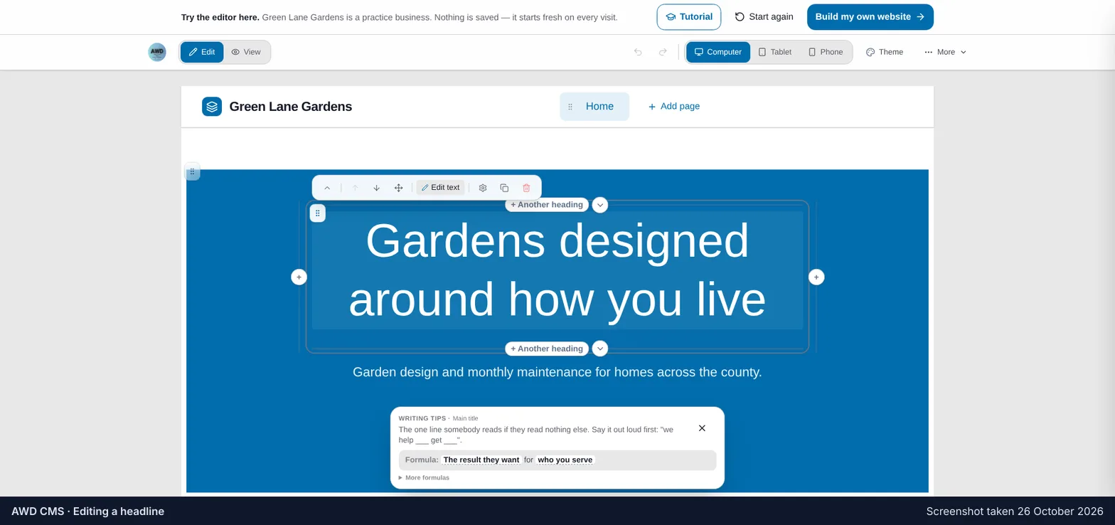 The AWD CMS editor on Green Lane Gardens, the made-up business in the sandbox, with the banner headline selected for typing and a writing tip beneath it.
